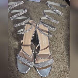 Wild Diva Silver Rhinestone Spiral Strap Heels